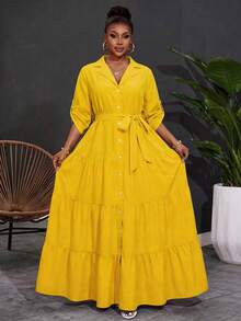 SHEIN CURVE+ 大码女士优雅V领纽扣前襟长袖系带连衣裙，层叠荷叶边下摆，秋季女装长款 - 黃色 - 查看 6