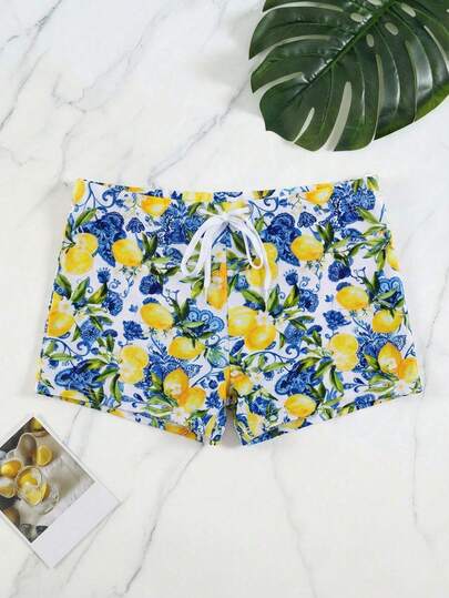 Surfspeed 夏季橙色枫叶柠檬印花抽绳沙滩/泳裤