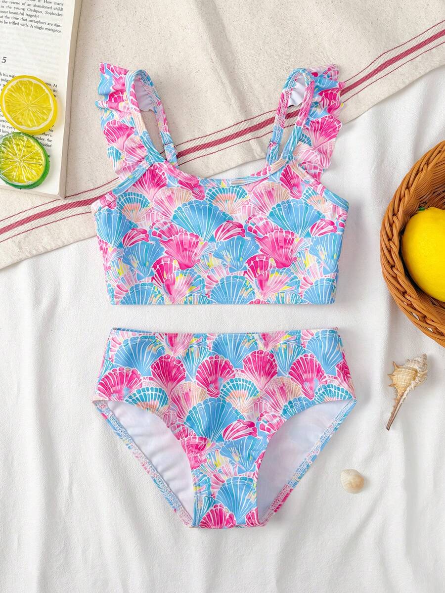 SHEIN 少女夏季沙滩贝壳印花荷叶边比基尼套装 - 藍色 - 查看 1