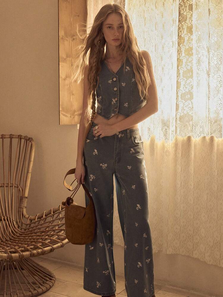 MOTF STUDIO DENIM EMBROIDERY DITSY FLORAL VEST JACKET & WIDE LEG JEANS SET