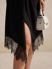 Elegantrix Plus Size Women's Elegant Asymmetrical Hem Twist Lace Patchwork Short Sleeve Dress, Spring/Summer - Black - View 5