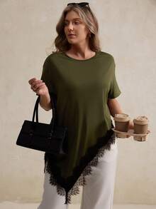 Olive Green Round Neck Asymmetric Hem Lace Patchwork Short Sleeve T-Shirt, Fashionable Casual Plus Size Top - Army Green - View 3