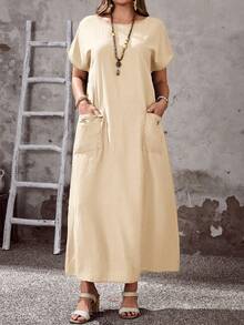 EMERY ROSE Plus Size Women's Summer Boho Vacation Holiday Khaki Dress,Round Neck Short Sleeve Loose Fit Flowy Long Dress With Pockets,Casual Solid Maxi Dress - Apricot - View 4