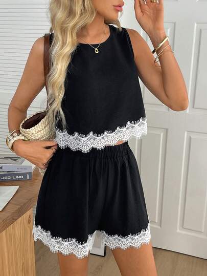 SHEIN LUNE Women's Casual Lace Patchwork Sleeveless Top And Shorts 2-Piece Set, Suitable For Summer Vacation, Daily Wear Summer Outfits  Summer Outfit For Women Vacation Outfits Women Summer Holiday Outfits Casual Sets For Women Zoey Outfit Trending Outfit Summer Outfit For Women Dress Zante Holiday Outfit