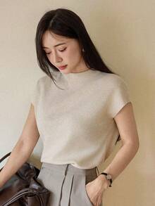 Dazy-Less Bộ 2 áo len nữ, áo dệt kim tay ngắn cổ bẻ - Màu be - Xem 3