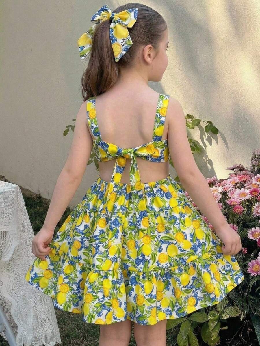 LMoss Kids Vestido casual con cuello cuadrado, mangas abultadas, espalda descubierta, lazo y falda acampanada con estampado de frutas tropicales para niña - Verde - Ver 1