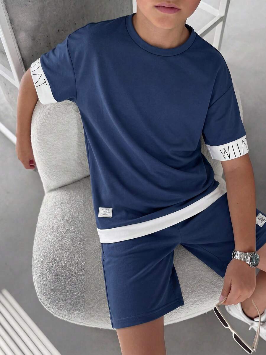 SHEIN Teen Boys Letter Print Patchwork Short Sleeve T-Shirt, Casual School Style, Comfortable, Fashion, Versatile, Cute, Soft, Suitable For Daily Wear, School, Outings, Sports, Festivals And Parties - Blue - View 1