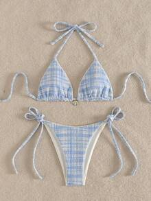 Swim MOD 2 Pieces Swimwear,Blue And White Textured Metallic Halter Triangle Top&Side Tie Bottom Bikini Set,Summer Tropical Holiday Pool Party - Blue and White - View 8
