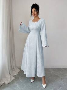 Yasmyna 女士提花绿色水钻系带修身A字优雅阿拉伯连衣裙 - 藍色 - 查看 3