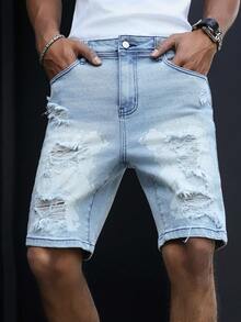 Manfinity EMRG Quần short denim nam màu xanh lam in họa tiết, phong cách đường phố thường ngày, rách rưới. - Rửa nhẹ - Xem 5