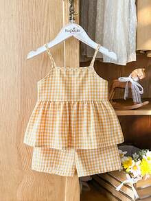 SHEIN Vintaside Kids 女童格子吊带背心和直筒短裤套装（2件套），休闲舒适，百搭夏季单品，适合外出、上学、居家穿着。 - 黃色 - 查看 4