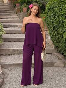 Auralis 新款夏季情人节紫红色大码飘逸浪漫性感两件套/无肩带紫色不对称荷叶边下摆大码女式上衣和阔腿裤/飘逸两件套/优雅通勤美人鱼风套装 - 中紫紅色 - 查看 1