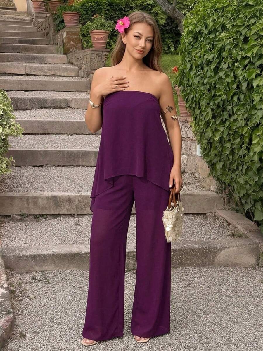 Auralis 新款夏季情人节紫红色大码飘逸浪漫性感两件套/无肩带紫色不对称荷叶边下摆大码女式上衣和阔腿裤/飘逸两件套/优雅通勤美人鱼风套装 - 中紫紅色 - 查看 1