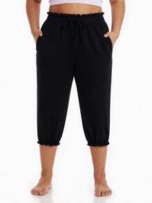 EMERY ROSE Plus Size Drawstring Pocket Casual Black Pants, Versatile For Summer Daily Wear - Black - View 4