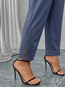 Reflora Plus Size Women Solid Color Elastic Waist Contrast Lace Casual Pants - Dusty Blue - View 1