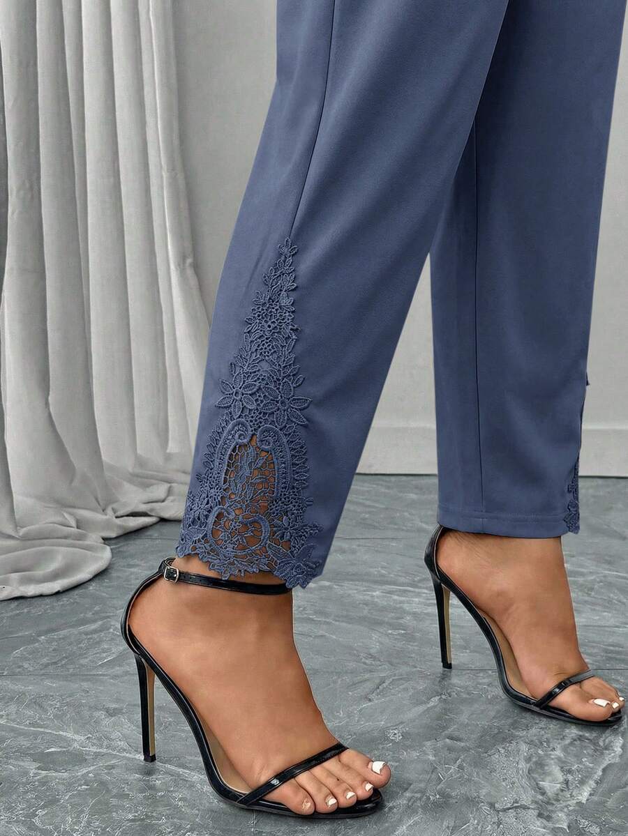 Reflora Plus Size Women Solid Color Elastic Waist Contrast Lace Casual Pants - Dusty Blue - View 1
