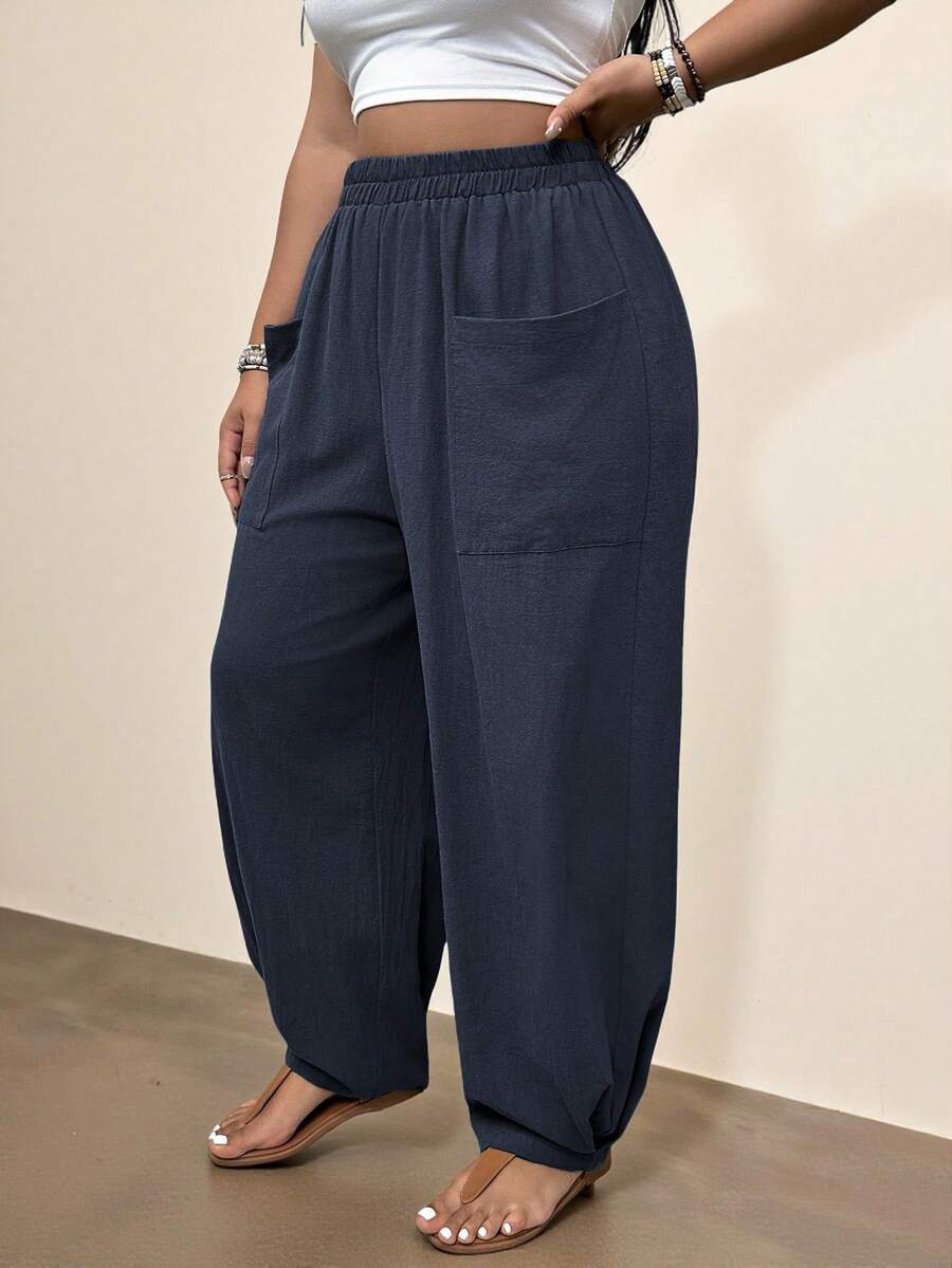 Freevana Plus Size Casual Pocket Hem Pants - Navy Blue - View 1