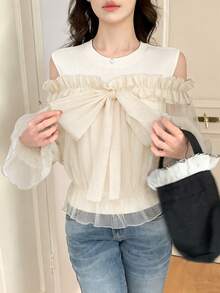 FRIFUL Women's Solid Color Sheer Mesh Fabric 2 In 1 Bowknot Ruffle Trim Sleeve Fitted Casual Versatile Two Pieces Set - Apricot - View 5