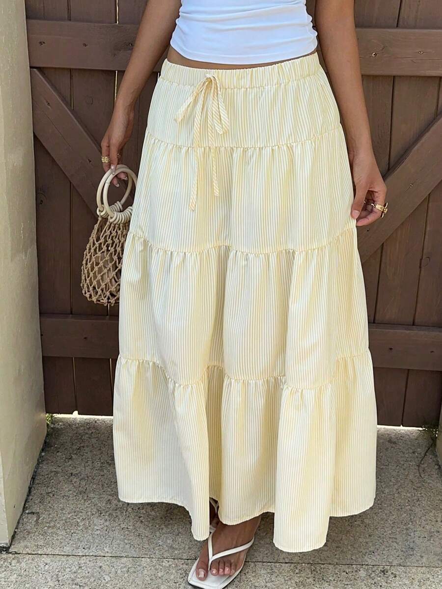 SHEIN Rok Panjang Kasual Sehari-hari Serbaguna Nyaman Musim Panas Motif Garis-garis Krem Kuning untuk Liburan Anak Perempuan Remaja - Kuning - View 1