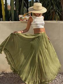 Livesso Chân váy chiffon màu xanh lá cây trơn, phong cách bohemian, thoải mái, đi nghỉ mát, kiểu dáng chữ A thanh lịch, thắt eo dành cho nữ. - Màu xanh Ô liu - Xem 5