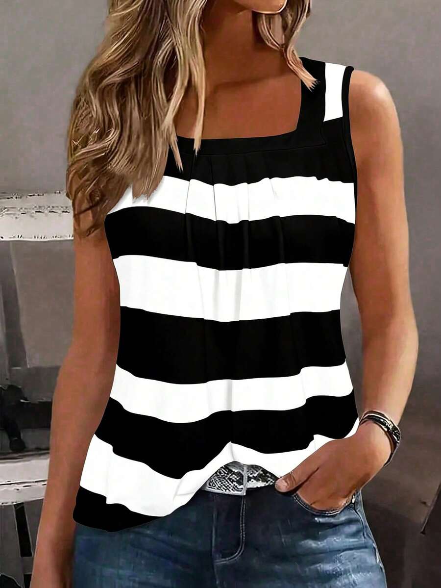 EMERY ROSE Camiseta sin mangas de mujer con bloques de color y rayas, estilo casual para vacaciones - Blanco y Negro - Ver 1