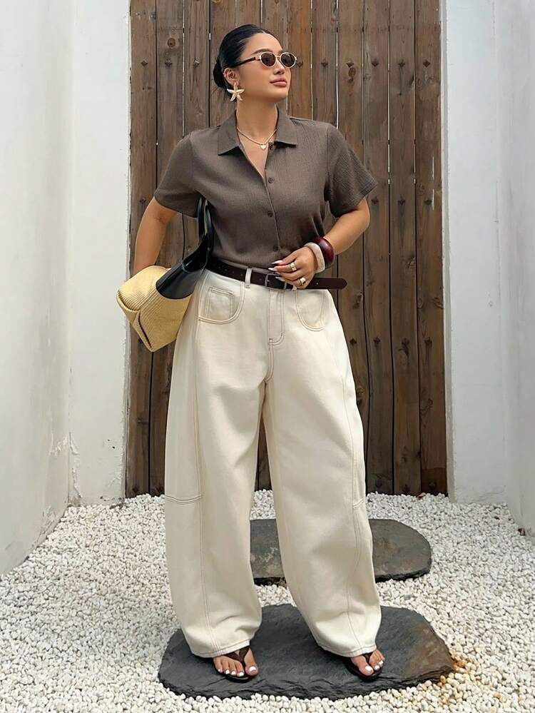 Dazy Plus Solid Color Lapel Textured Fabric Casual & Commuting Plus Size Women's Fitted Short Sleeve T-Shirt, Brown Top