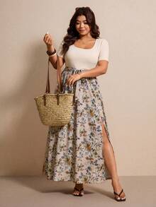Elaquor Plus Size Solid Color Leopard Patchwork Simple Daily Short Sleeve Dress For Women Fall Clothes - Apricot - View 8