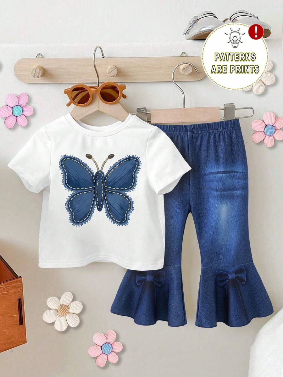 Bộ đồ bé gái kiểu dáng thường ngày, thời trang, ngọt ngào, dễ thương in hình bướm gồm áo thun ngắn tay và quần ống loe thắt nơ, thích hợp mặc mùa hè. - Nhiều màu - Xem 1