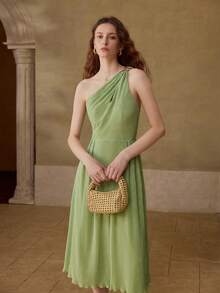 MOTF PREMIUM SUMMER SOLID COLOR TEXTURED FABRIC METAL DECOR CINCHED WAIST DRESS - Green - View 6