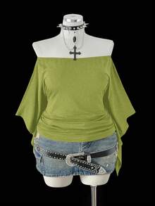 Sunspun-D 大码女式露肩褶皱腰部复古朋克风长袖T恤，适合日常穿着、通勤和办公场合。 - 綠色 - 查看 3