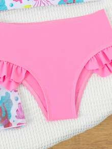 女孩美人鱼印花比基尼套装，3件套 - 柔软亲肤面料，细肩带露脐上衣，荷叶边三角泳裤，网纱罩衫，适合游泳、海滩、泳池、夏季度假 - 彩色 - 查看 5