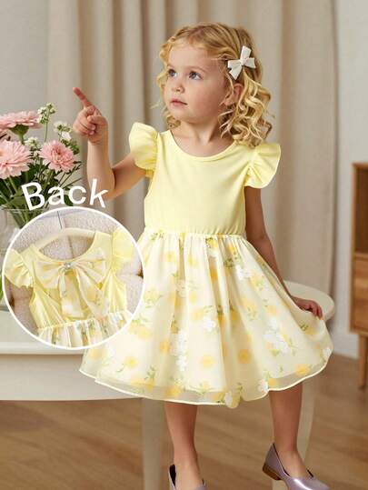 Elladie kids 1pc Girls' Chiffon Cap Sleeve Dress, Bowknot Decor On Back, Girls' Dress  Vestidos Elegantes Para Fiesta  Summer Outfits  Squishy Summer Outfits Yellow Kids Dress