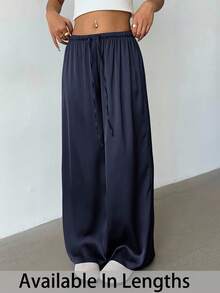 SHEIN Tall CURVE 大码女式休闲抽绳腰宽松阔腿裤，纯色，适合日常通勤 - 藏蓝色 - 查看 3