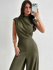 Firerie Bộ jumpsuit nữ thanh lịch, tối giản, phong cách công sở hiện đại, hàng mới về, xếp ly, cổ đứng, tay ngắn, cạp cao, ống rộng, màu mơ. - xanh quân đội - Xem 4