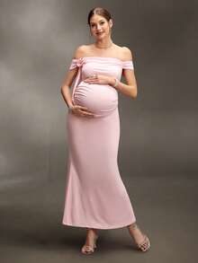Cheriluna Maternity Maternity Photoshoot Dress, Off-Shoulder, Front Floral Decor, Ruffle Waist, Fitted Long Dress Maternity Dresses Pregnancy Dresses For Photoshoot Pregnancy Gown Women Pregnancy Clothes Pregnancy Dresses For Party,Maternity Dresses For Baby Shower Maternity Dresses For Pregnant Women Elegant Maternity Gowns - Pink - View 1