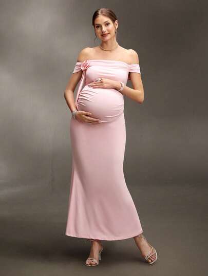 Cheriluna Maternity Vestido de fotografía de maternidad, hombros descubiertos, decoración floral frontal, cintura con volantes, vestido largo ajustado