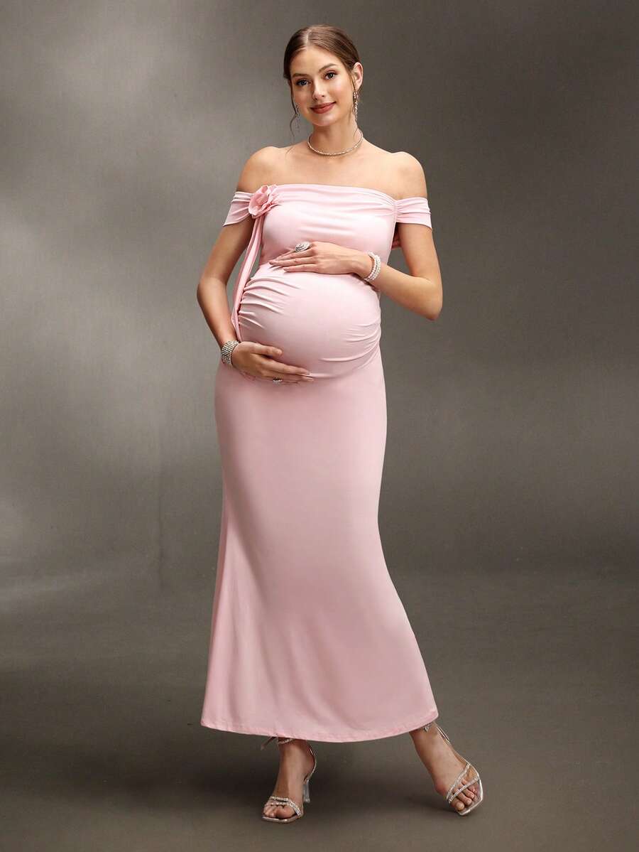 Cheriluna Maternity Maternity Photoshoot Dress, Off-Shoulder, Front Floral Decor, Ruffle Waist, Fitted Long Dress Maternity Dresses Pregnancy Dresses For Photoshoot Pregnancy Gown Women Pregnancy Clothes Pregnancy Dresses For Party,Maternity Dresses For Baby Shower Maternity Dresses For Pregnant Women Elegant Maternity Gowns - Pink - View 1