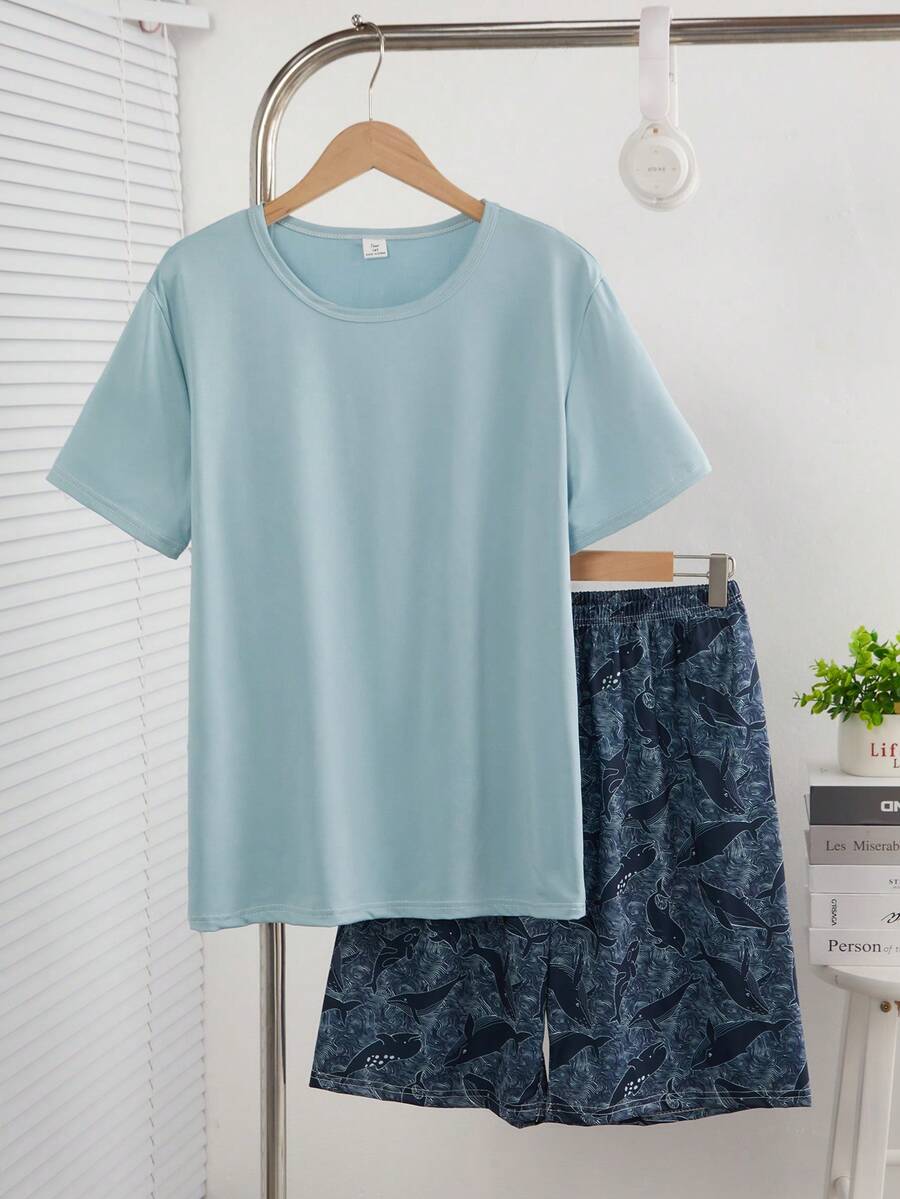 Conjunto de 2 piezas de camiseta de manga corta con estampado de letras en inglés y pantalones cortos, combinación de 3 colores negro, gris y azul, estilo minimalista y de moda para adolescentes, ropa de estar por casa - Verde - Ver 1
