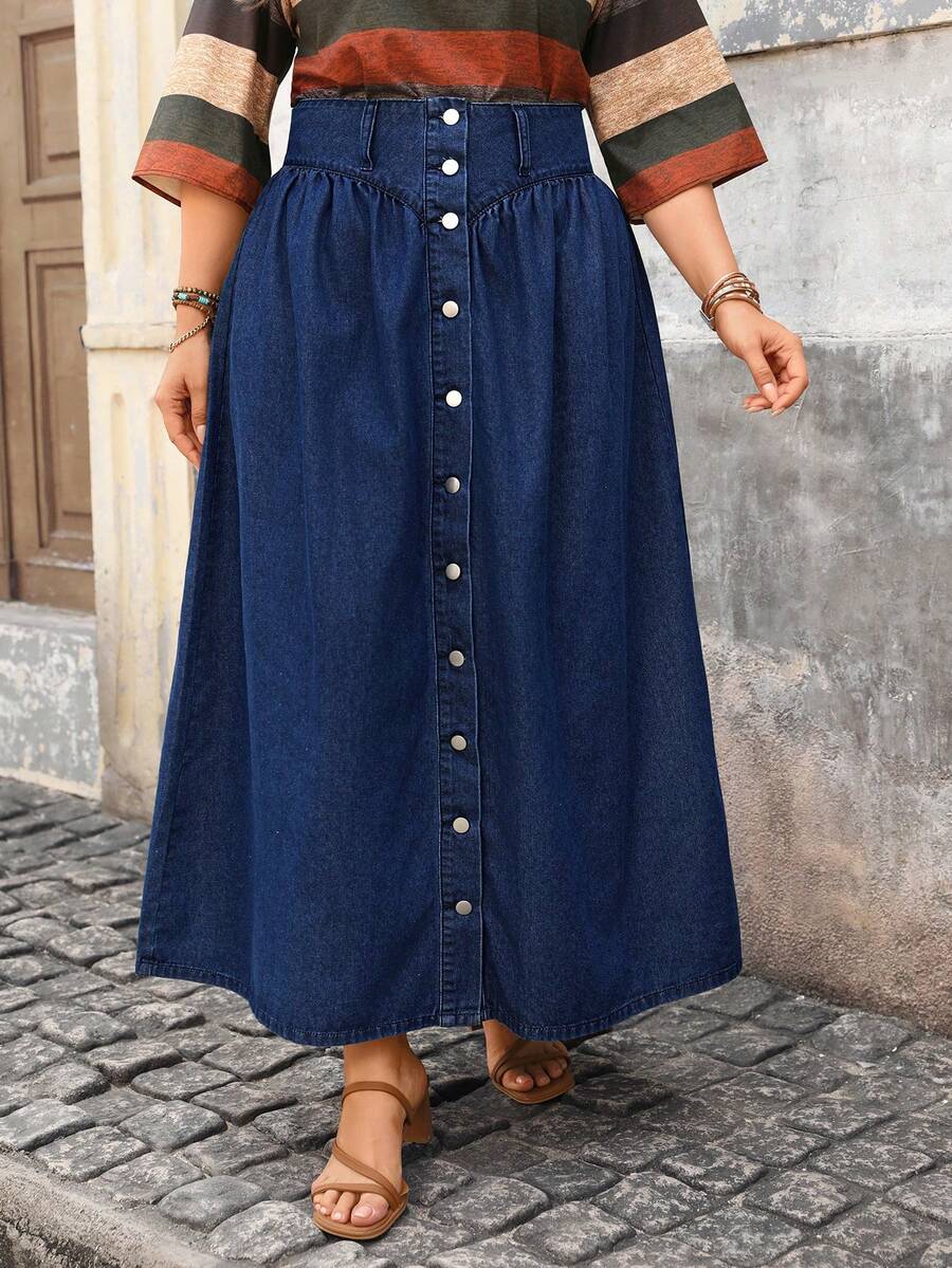 EMERY ROSE Chân váy denim màu xanh nhạt không co giãn, thoải mái, dáng rộng dành cho nữ, cỡ lớn. - Rửa trung bình - Xem 1