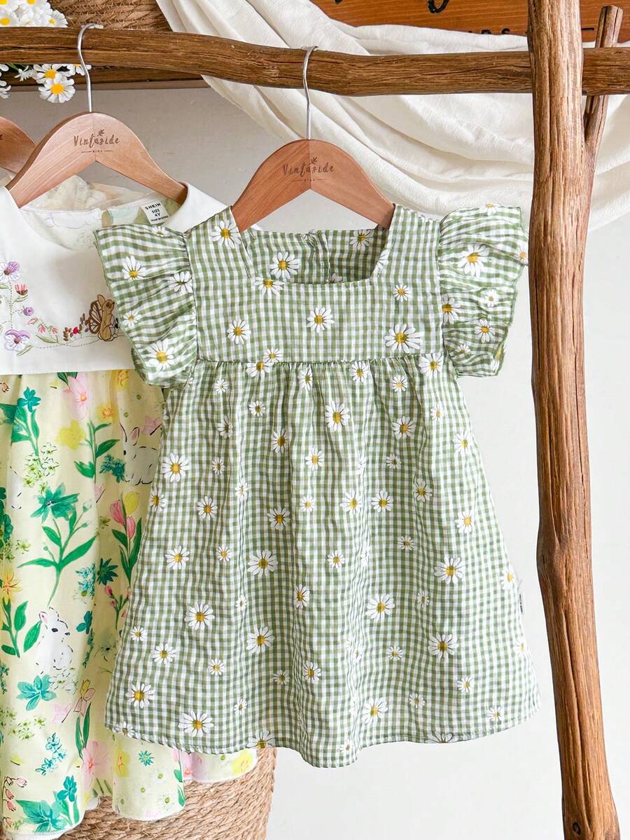 SHEIN Vintaside Kids 女童夏季黄色格子雏菊印花短袖迷你连衣裙,田园风格,清新图案,轻盈廓形,适合户外、休闲和派对穿着 - 彩色 - 查看 1