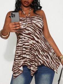 SHEIN SXY Plus Size Women Asymmetric Hem Zebra Print Halter Neck Camisole - Coffee Brown - View 7