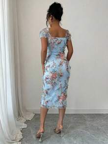 Elenzga 女士优雅浪漫网纱印花褶皱中长连衣裙，适合婚礼季、派对、约会、休闲外出、春夏穿着 - 藍色 - 查看 2