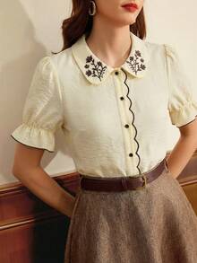 Vintamour 复古经典优雅女士刺绣翻领衬衫，修身短袖荷叶边下摆衬衫，浅黄色女士衬衫，优雅高贵女士上衣和衬衫，法式衬衫，夏季女士衬衫，女士Polo衫，正式乡村风格女士衬衫 - 鵝黃色 - 查看 7