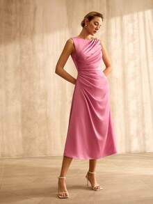 MOTF PREMIUM 优雅蝴蝶金属装饰褶皱中长连衣裙，适合约会和日常穿着 - 粉色 - 查看 4