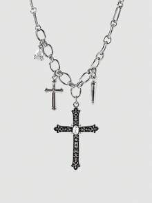 MortiRose Silver Cross Personalized Punk Style Necklace,Goth/Gothic/Punk/Grunge/Dark Gothic,Streetwear,Summer/Festival/Prom/Party,Vintage,Black,Hypoallergenic - Silver - View 2