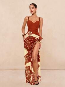 Lumalex Floral Print Amber Bead Decor Long Skirt, Fashionable Sexy Beach Swimwear Two Pieces Set Summer Vacation Bikini Bathing Suits - Multicolor - View 11