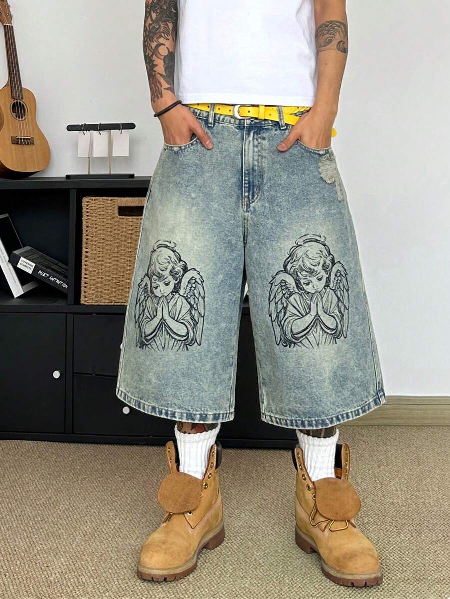 STEELVANCE 男士复古街头风时尚百搭天使印花做旧宽松休闲阔腿牛仔短裤，夏季必备