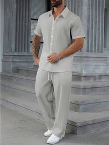 Manfinity Homme Bộ đồ nam trơn màu, áo sơ mi ngắn tay cài một hàng khuy và quần dài, thích hợp mặc hàng ngày. - Màu Xám nhạt - Xem 4