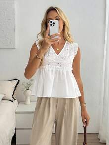 LanaWest Bluză casual pentru femei, cu broderie florală, mânecă scurtă, dantela, top alb, stil boho, top alb cu ochiuri, top alb de vară, topuri babydoll albe, maieuri pentru femei, top alb pentru femei, topuri și bluze pentru femei, maieuri pentru femei, bluze de lucru de vară, topuri drăguțe de vară, topuri de boutique pentru femei, cele mai recente topuri pentru femei, noutăți, topuri pentru femei, topuri casual de vară, topuri elegante pentru femei. - alb - Vizualizare 3