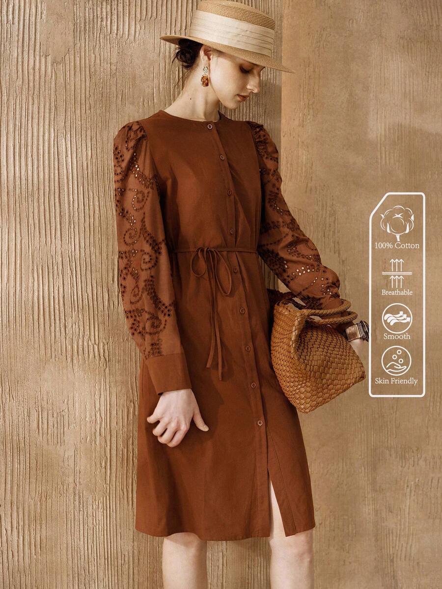 Arave Đầm nữ dáng ôm chữ X, tay phồng, thắt eo, kiểu dáng thường ngày, thích hợp đi làm. - Cà phê - Xem 1